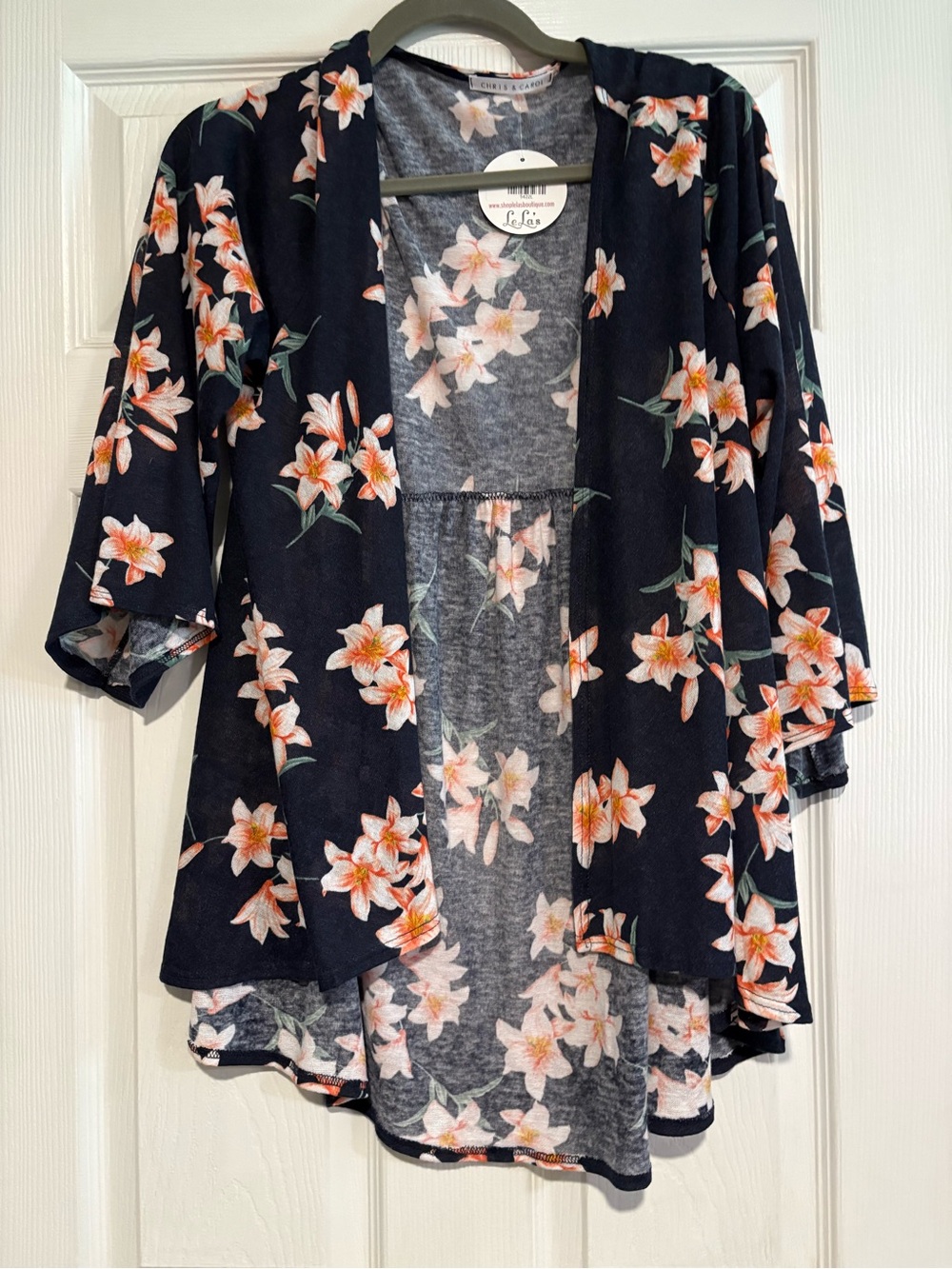 Navy Floral Open-Front Cardigan with Peach Flowers